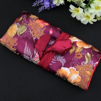 Only My Live Home Bright Portable Silk Brocade Jewelry Roll Travel Bag Folding 3 Zipper Pouch Drawstring Luxury Jewellery Cosmetic Storage Bags Women (burgundy)
