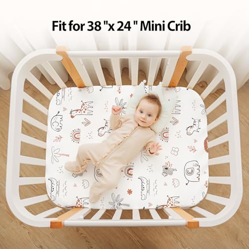 Image of Baby Mini Crib Sheets Boy, Portable 38 inchx26 inch Pack and Play Sheets Fitted for Playard and Pack N Play Mattress, 3-Pack Soft Microfiber Orange Animal World