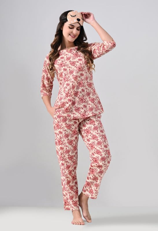 Image of Ichaa Women's Cotton Printed Night Suit - Top & Bottom Set