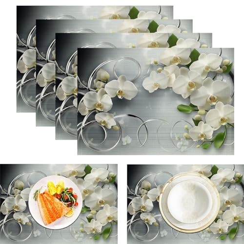 Juego de 6 Manteles Individuales Lavables Tapete Mesa Comedor de Lino Individuales Antimanchas Impresos Manteles Individuales para La Mesa de Comedor Cocina Boda, Plantas Orquídea Blanca