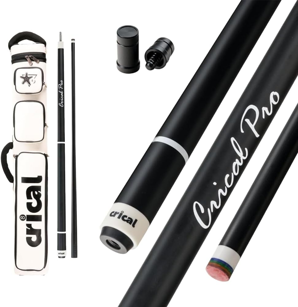 CRICAL Carbon Fiber Pool Cue and 2 X 4 Billiard Cue Case (Stick 58" with 3/8 * 8 Pin Joint and 12.5mm Tip ; Holds 4 Shafts and 2 Butts, Soft-Padded Shoulder Straps and Handle)