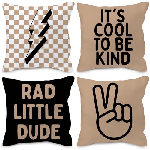 Image of Nvotell Brown Boy Pillow Covers 18x18 - Retro Checkered Set of 4, Nursery Decorative Covers for Couch, Rad Little Dude Sign for Room Playroom