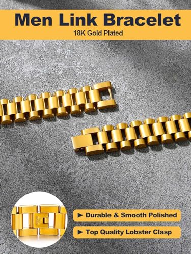 U7 GH2633K Men Wrist Bracelet With Chain Detaching Device, 18K Gold Plated 15Mm Wide Cool Watchband Link Masculine Bracelets Adjustable Length 20-22Cm thumb #7
