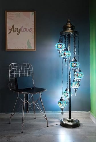 Lámpara de suelo turquesa hecha a mano, 7 bulbs Oriental floor lamp mosaico, azul