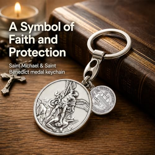 Image of St Michael Medals With St Benedict Keychain,Saint Michael With Saint Benedict Medal for Car,Catholic Religious Keychain,Medalla San Miguel Arcangel Adornos Llaveros Para Carros De Mujer Hombre