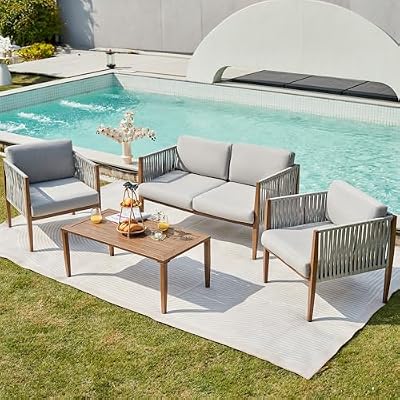 NATURAL EXPRESSIONS 4 Pieces Patio Furniture Sets, Outdoor Patio Deep Seating Group Conversation Set with Handwoven Rope, Wooden Grain Printing Metal Frame with Olefin Cushions