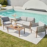 NATURAL EXPRESSIONS 4 Pieces Patio Furniture Sets, Outdoor Patio Deep Seating Group Conversation Sofa Set with Handwoven Rope, Wooden Grain Printing Metal Frame with Olefin Cushions