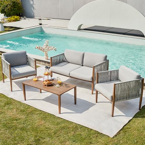 NATURAL EXPRESSIONS 4 Pieces Patio Furniture Sets, Outdoor Patio Deep Seating Group Conversation Sofa Set with Handwoven Rope, Wooden Grain Printing Metal Frame with Olefin Cushions