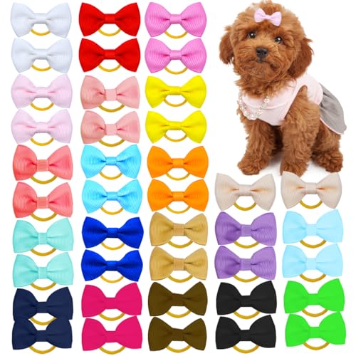 JUCCPUL Dog Bows for Ears Small Size Dog Bowknot 2inch Hair Ties Bulk with Rubber Bands Dog Ear Bow Pet Accessories Grooming Products