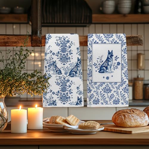 Image of Chinoiserie German Shepherd Kitchen & Hand Towels Set of 2, Blue and White Floral Dog Dish & Tea Towels for Kitchen Bathroom Decor, Vintage Toile Dog Lover Gifts for Women 16x24 Inch
