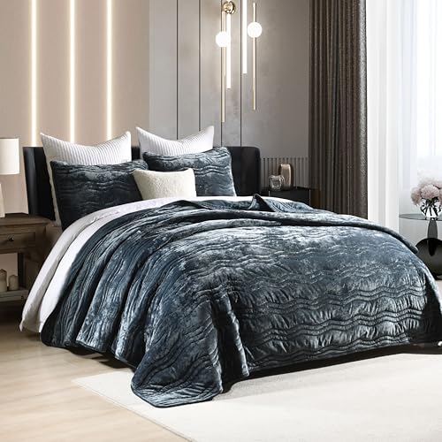 Image of Luxury Velvet Queen Comforter Set, Blue Queen Size Comforter Sets, Stormy Blue Queen Quilt Bedding Set, Luxurious Plush Bedspreaqd Sets,Soft Lightweight Comforter for All Season