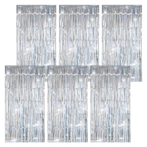 GFUEIGJ Tinsel - Tenda in argento, 6 pezzi, con brillantini, 1 m x 2 m, con frange, per feste, compleanni, matrimoni, decorazioni per palcoscenici