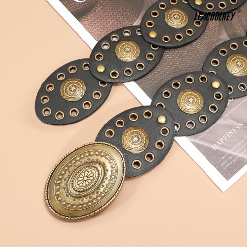 LEACOOLKEY Hollow Western Disc Belt for Dress Boho Concho Belt Vintage Country Waist Belts for Women3