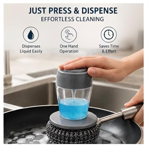 Image of Stainless Steel Wool Scrubber Set, One Scrubber with Handle and One Long-Handled Brush, for Cleaning Tableware and Cooking Tools