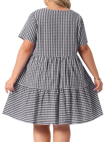 Image of Agnes Orinda Plus Size Gingham Dresses 1950s Vintage Plaid Round Neck Short Sleeve Tiered Midi Summer Dress