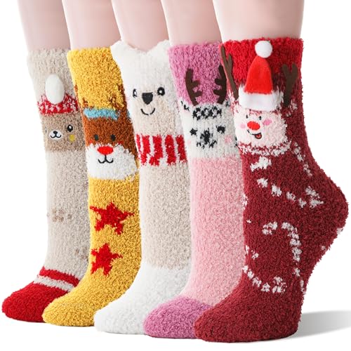 Sandsuced Fuzzy Fluffy Warm Slipper Socks for Women Winter Cozy Thick Cute Crew Sleep Comfy Fleece Christmas Socks 5 Pairs
