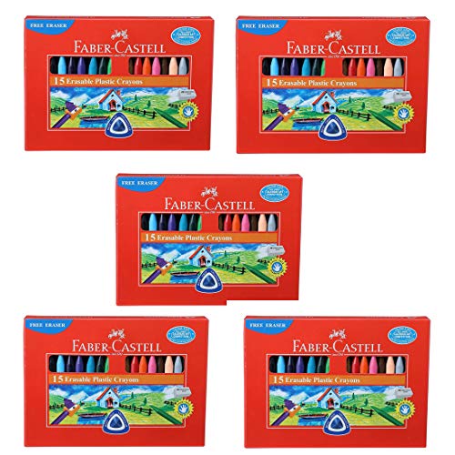 Faber-Castell Erasable Plastic Crayon Set 70mm Set of 15-Assorted (Pack of 5)
