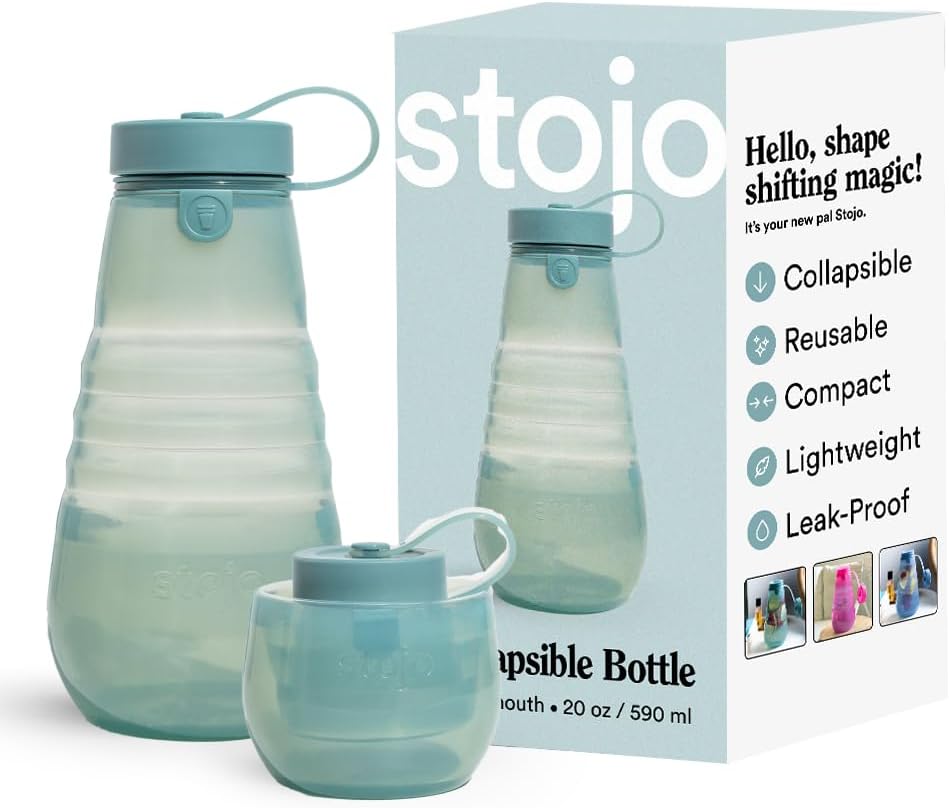 STOJO Collapsible Sports Water Bottle – Leak-Proof Reusable Silicone Travel Cup for Hot & Cold Drinks – Microwave & Dishwasher Safe – AS SEEN ON TODAY SHOW – Parent (Translucent Eucalyptus)
