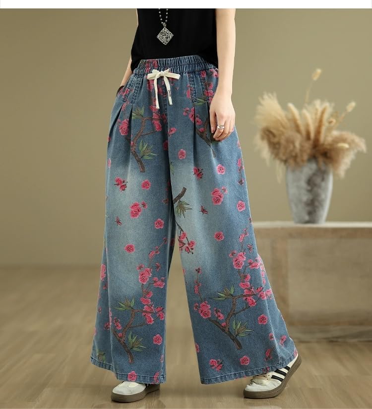 Duberess Women's Floral Print Destressed Wide Leg Jeans Summer Loose Fit Cropped Denim Pants with Elastic Waist
