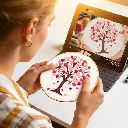 Image of Love Heart Tree Embroidery Kits for Beginners Adults, Valentine's Day Hand Embroidery Kits, Cross Stitch Kits for Adult Anniversary Valentine's Gift, Entire Set of Embroidery Supplies & Video Tutorial