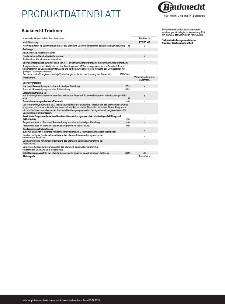 Bauknecht BT 9RC WS Wärmepumpentrockner, 9 kg, Precision Dry – Intelligentes Trocknen, Adaptive Dry, HomeWhiz App, Startzeitvorwahl und Restzeitanzeige, Weiß