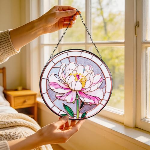 Stained Glass Window Hanging, Pink Peony Suncatcher 7.8 in Sun Catcher Glass Panel Boho Wall Art Decor with Chain Diamond Glass Panel Hangings Scenery Sun Catchers Decor for Lover Couple Mom by DREAMLOOM - Image 4
