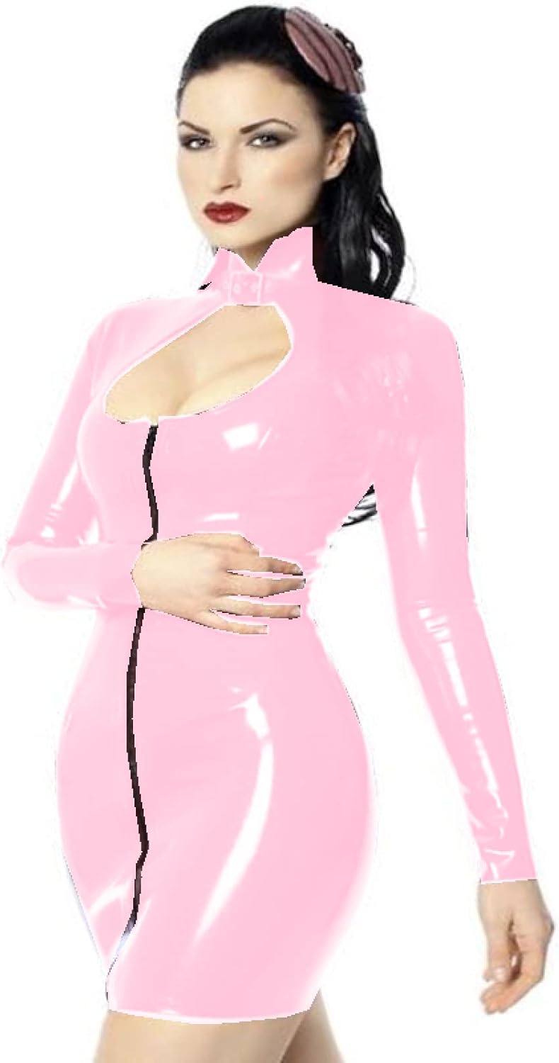 Women Mini Dress Long Sleeve Vintage Keyhole PVC Sexy Dresses Zipper Front Dress for Birthday Party,Pink,7XL