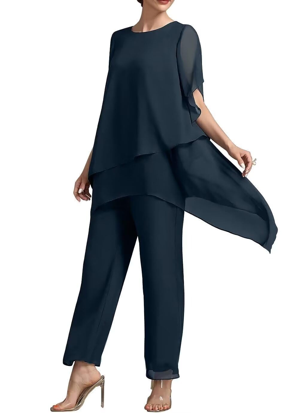 Chiffon Pantsuits for Women with Jacket 2 Pieces Mother of The Bride Pant Suits Formal Evening Dresses Navy