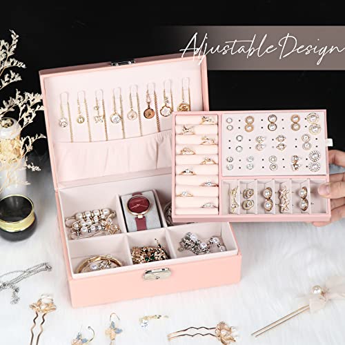 Jewelry Box For Women Girls,Jewelry Organizer Container With Lock,Pu Leather Storage Case With Removable Tray,Jewelry Display Holder For Necklaces Earrings Bracelets Rings Watches - Pink #TOP4