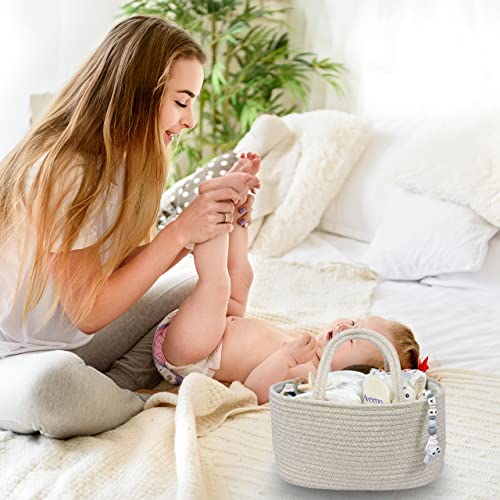 Image of XUANGUO Cotton Rope Baby Diaper Caddy Organizer Basket with Handles Oatmeal | Nursery Storage Bin, Portable Baby Tote Bag for Changing Table or Car, Baby Shower Gifts Bag, Newborn Essentials, Registry