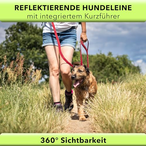 AVANA Hundeleine mit integriertem Kurzführer reflektierende Leine | 2 handschonende gepolsterte Handschlaufen | 1,5 Meter Führleine für große und mittelgroße Hunde - Rot