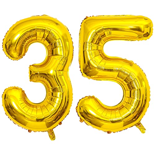 Number 35 Balloons Gold, 40 Inch Gold Helium Foil Number 35 Balloons, Large Number Balloon Age Balloon Self Inflating for Boys Girls 35th Birthday Wedding Anniversary Party Decorations(Digital 35)