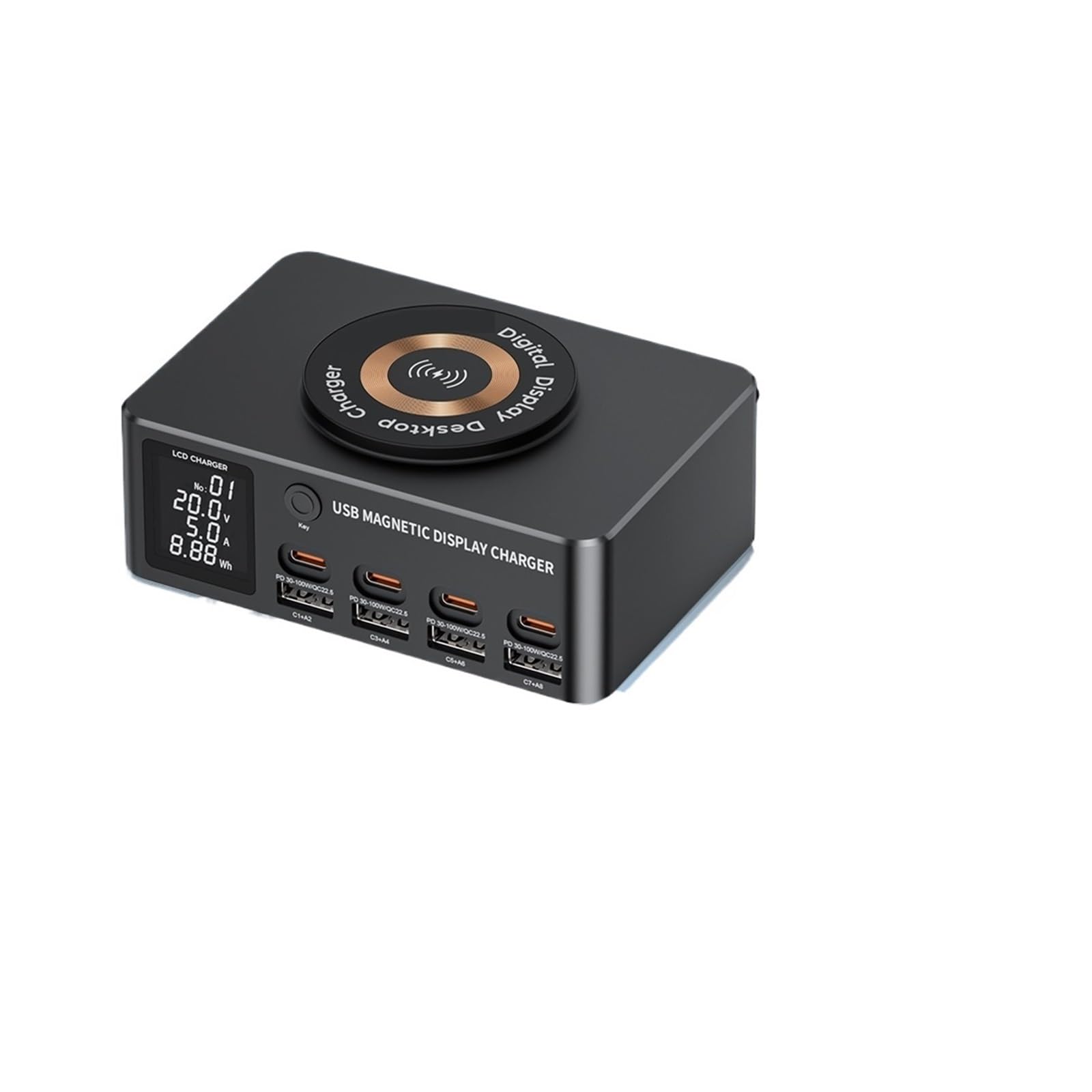 Caricatore USB C, Caricabatterie wireless con stazione di ricarica rapida multi USB-C da 140 W con display LED PD QC 3.0 Ricarica rapida, Veloce, Efficiente e Versatile(With 100w 1m cable)