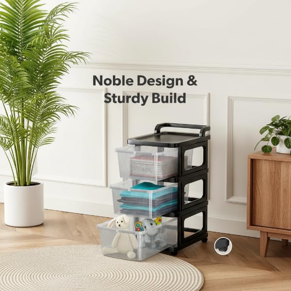 Image of KITCHIVO Heavy Duty Plastic Storage Drawer with Wheels | Modular Cabinet for Bedroom, Office, Home or Classroom| Chest of Drawers Organiser for Cosmetics, Kitchen items, Toys (Transparent, 3)