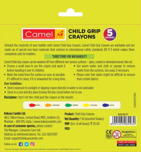 Image of Camlin Camel Child Grip Crayon Set - Multicolor (Pack of 5)