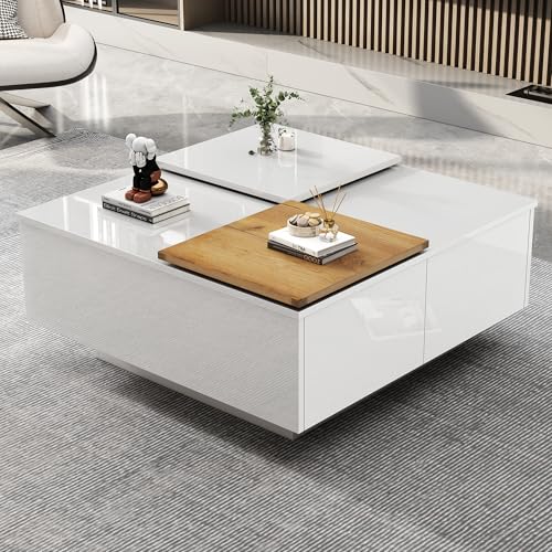 LULUWA Table basse carrée moderne - Couleur bois blanc brillant - Avec surface de rangement - Petit plateau coulissant - Charge maximale : 30 kg - 75 x 75 x...