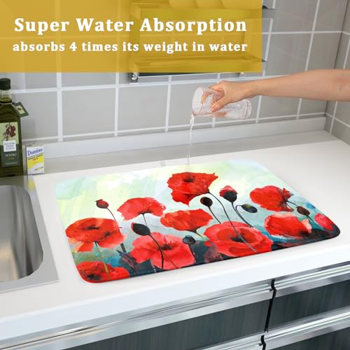 Image of Red Watercolor Flower Dish Drying Mat for Kitchen Counter 18 x 24 Inch - Poppy Absorbent Reversible Microfiber Dish Mat, Heat Resistant Drying Pad Dish Drainer Mats for Countertop