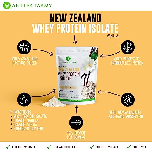 Antler Farms - 100% Grass Fed New Zealand Whey Protein Isolate, Vanilla Flavor, 2 lbs - Pure and Clean, 4 Ingredients, Delicious, Cold Processed
