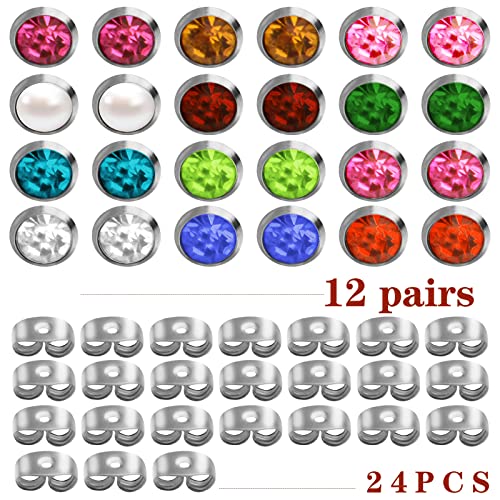 12 Pairs 4Mm Birthstones Ear Piercing Studs Hypoallergenic Stainless Steel Rhinestone Earring Pin Studs Setting With Butterfly Earring Backs For Women Men Girls, 12 Colors #TOP1