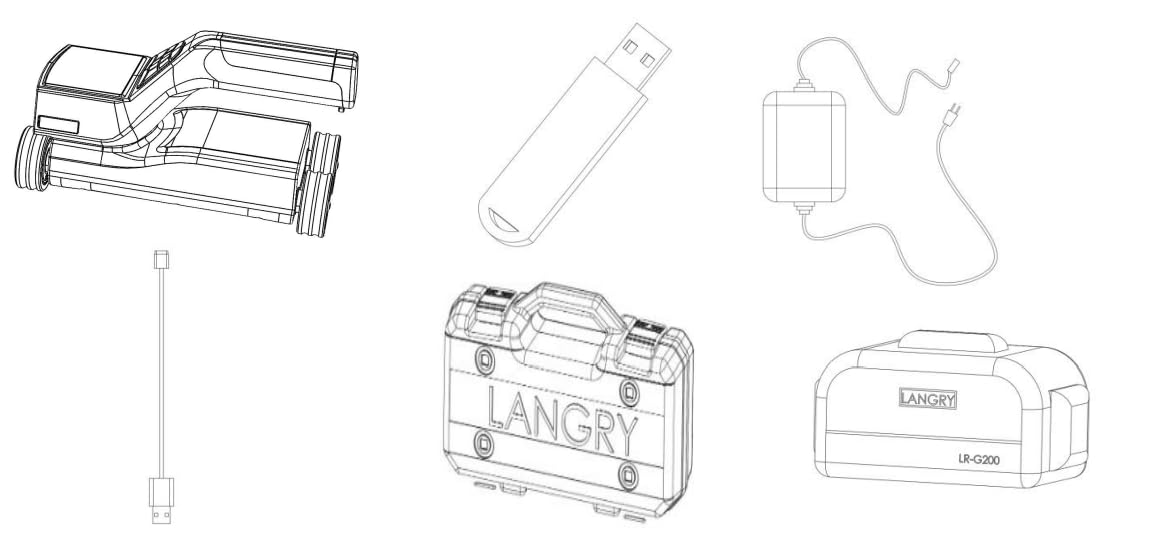 Line drawing of LR-G200 components including main unit, USB cable, USB drive, and charger