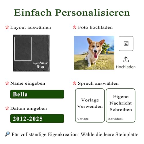 MOMGEGE Personalisierter Tiergrabstein aus Schiefer mit Foto und Text – Grabstein Hund oder Katze, Gedenkstein für Garten und Zuhause – Trauergeschenk bei Tierverlust (013)