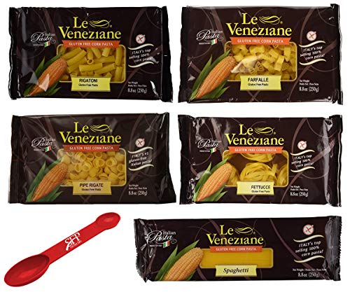 Le Veneziane Gluten Free Pasta Noodles Variety Pack Includes: [1] Spaghetti Noodles [1] Rigatoni [1] Farfalle [1] Pipe Rigate and [1] Fettucee ~ Corn Pasta ~ 5 Count