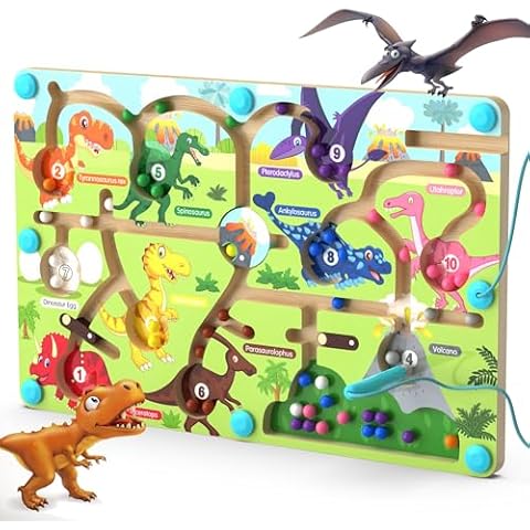 Magnetic Color and Number Maze,Dinosaurs Montessori Toys for 3+ Year Old Boys Girls, Fine Motor Skills Wooden Puzzles Board Games, Preschool Educational Learning Toys for Activities for Toddlers Kids Cover