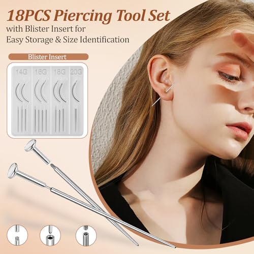Piercing Taper Tool 18Pcs - 14G, 16G, 18G, 20G, Straight, Curved Needles - Piercing Insertion Tool Set for Nose Studs, Lip Rings, Earring - Changing Tool for Piercings2