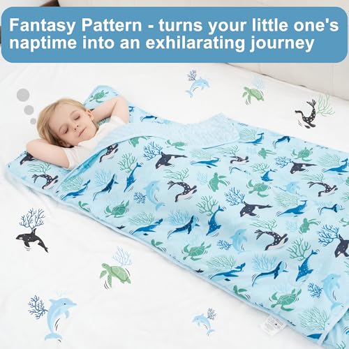Image of Viviland Toddler Nap Mat, Rolled Sleeping Mats with Pillow and Minky Dot Blanket for Girls Boys, Kids Slumber Bags /Nap Mat for Preschool, Daycare, Kindergarten, Travel Camping - Blue Ocean Whales