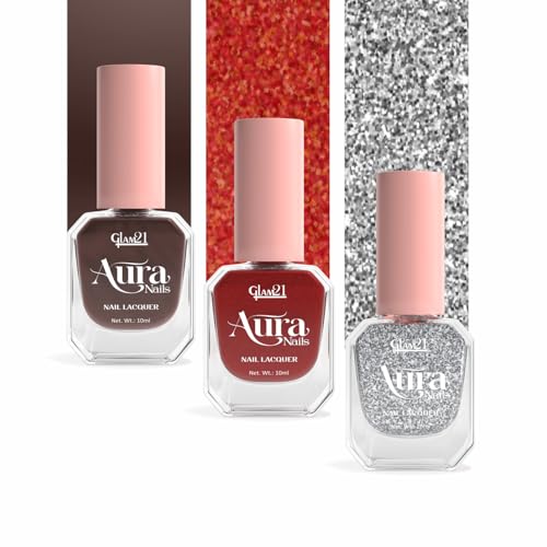 Image of Glam21 Aura Nails Nail Lacquer |Long-Lasting, Quick-Dry, High-Shine Nail Enamel|Chip-Free Formula|Smooth Application & Vibrant Finish| 10ml Each Pack Of 3 (Bronze Beam,Lava Foil &Chrome Queen)