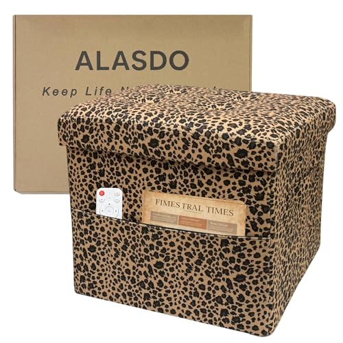 ALASDO Storage Ottoman Footrest Stool Small Ottoman with Storage Foldable Ottomans Foot Rest Footstool Bench for Living Room 17x13x13inches Leopard Print