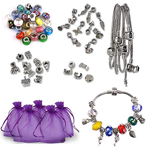 Luxbon 5 x Handmade European Styles Charm Bracelets Making Kit Murano Glass Bead Silver Plated Snake Chain Bracelet for Womens Girls Party Jewelry DIY Gift