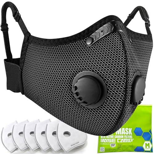BASE CAMP Silver and Black Upgrade M Plus Dust Mask, Reusable Respirator Face Mask with 6 Activated Carbon Filters, Safety Work Masks for Woodworking, Construction, Yard Lawn Paint, Dust