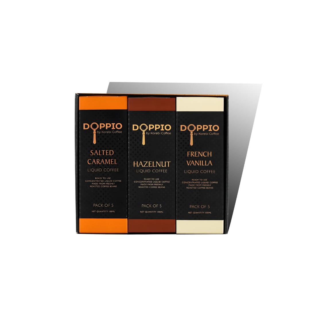 Korebi Coffee Doppio Assorted - Artisan Instant Liquid Coffee Concentrate (Hazelnut, Salted Caramel, French Vanilla)| 100% Arabica | Ready to Use | Make in 30 Secs | Hot or Cold | With or Without Milk | 6 Boxes [600ml] (30 Sachets, 20 ml / Sachet)